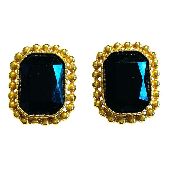 Vintage Sarah Coventry Clip On Earrings Faceted Black Stone Gold Bead Surround - Picture 2 of 7
